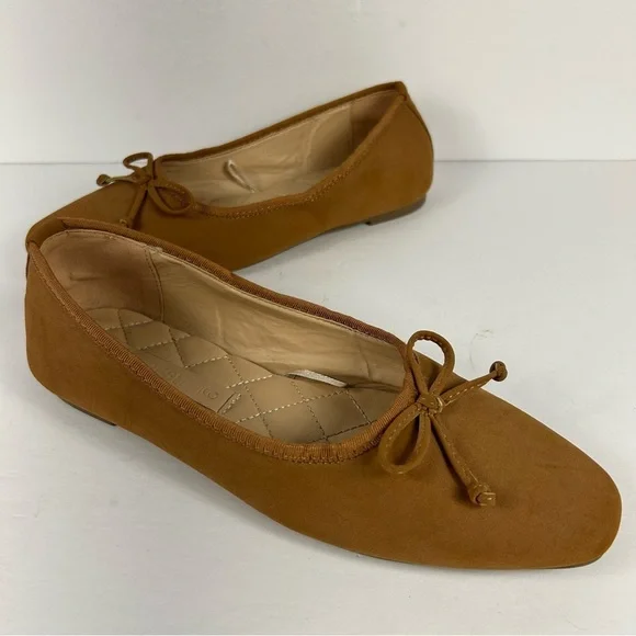 Joe Fresh Cognac Brown Ballerina Flats Sz 9 | Classic Round Toe Bow Shoe - Picture 1 of 9